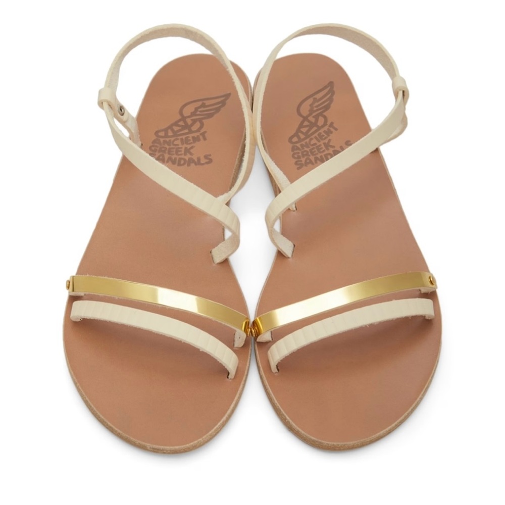 Ancient Greek White and Gold Strappy Flat Sandals